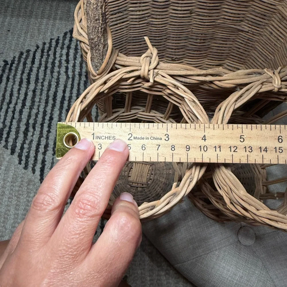 Vintage Wicker Rattan Wine Bottle Caddy 3 Compartment Branch Handle Boho Basket‎